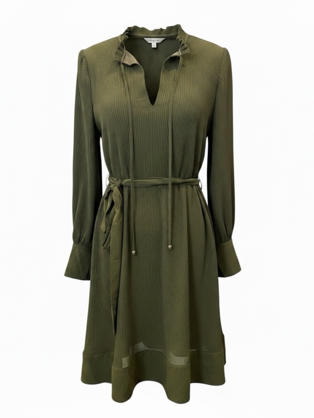 Eliza J Pleated Tie Waist Shift Dress Long Sleeve Split Neck Olive Green 6 NWT - Picture 9 of 14